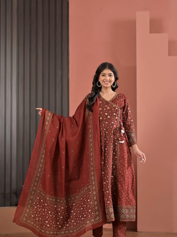 Indolady Rust Royale Angrakha Cotton Suit Set with Dupatta