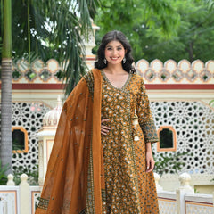 Indolady Mustard Blossom Angrakha Cotton Suit Set with Dupatta