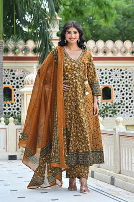 Indolady Mustard Blossom Angrakha Cotton Suit Set with Dupatta