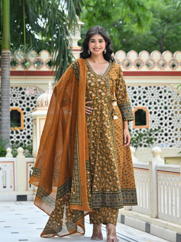 Indolady Mustard Blossom Angrakha Cotton Suit Set with Dupatta
