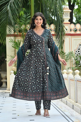 Indolady olive Green Heritage Angrakha Cotton Suit Set with Dupatta