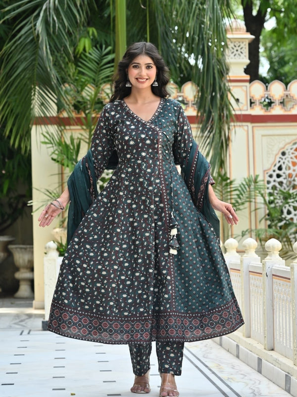 Indolady olive Green Heritage Angrakha Cotton Suit Set with Dupatta