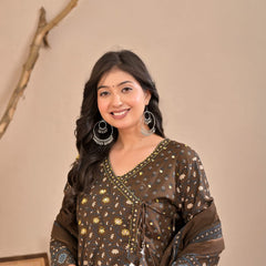 Indolady Earth Brown Angrakha Cotton Suit Set with Dupatta