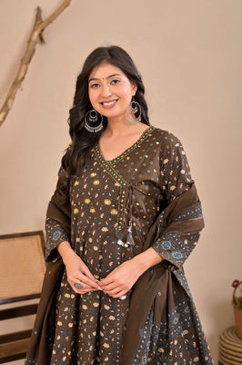 Indolady Earth Brown Angrakha Cotton Suit Set with Dupatta