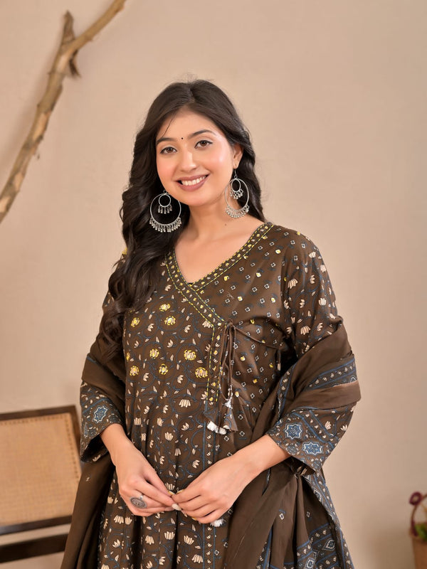 Indolady Earth Brown Angrakha Cotton Suit Set with Dupatta
