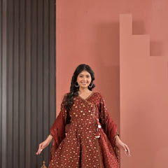 Indolady Rust Royale Angrakha Cotton Suit Set with Dupatta