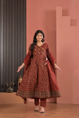 Indolady Rust Royale Angrakha Cotton Suit Set with Dupatta