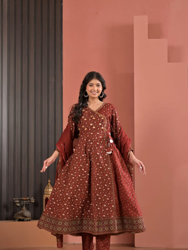 Indolady Rust Royale Angrakha Cotton Suit Set with Dupatta