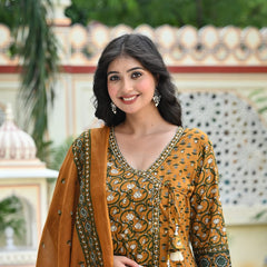Indolady Mustard Blossom Angrakha Cotton Suit Set with Dupatta
