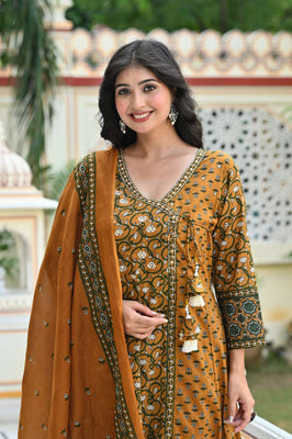 Indolady Mustard Blossom Angrakha Cotton Suit Set with Dupatta