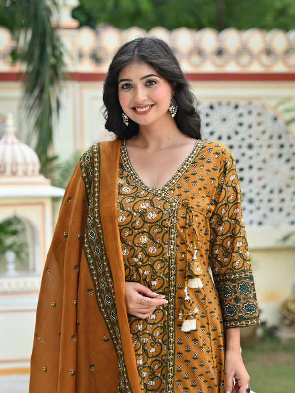 Indolady Mustard Blossom Angrakha Cotton Suit Set with Dupatta