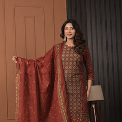 Indolady Maroon Heritage Printed Cotton Suit Set with Dupatta