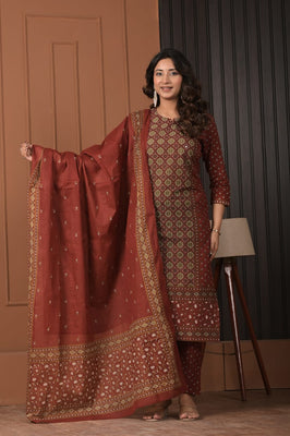 Indolady Maroon Heritage Printed Cotton Suit Set with Dupatta