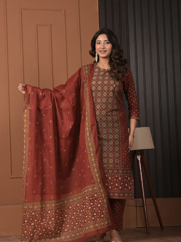 Indolady Maroon Heritage Printed Cotton Suit Set with Dupatta