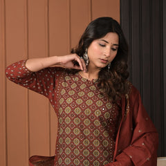 Indolady Maroon Heritage Printed Cotton Suit Set with Dupatta
