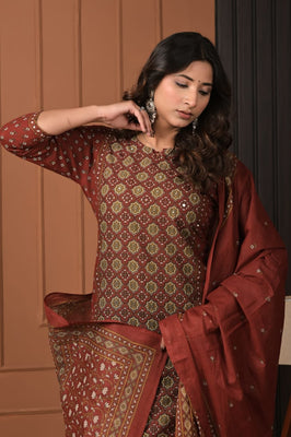 Indolady Maroon Heritage Printed Cotton Suit Set with Dupatta
