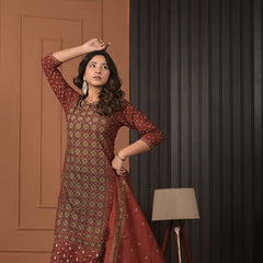 Indolady Maroon Heritage Printed Cotton Suit Set with Dupatta