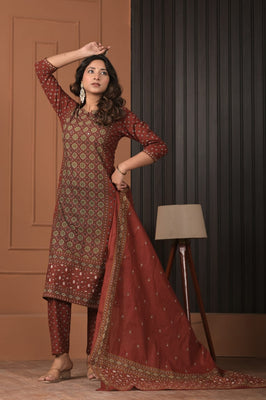Indolady Maroon Heritage Printed Cotton Suit Set with Dupatta