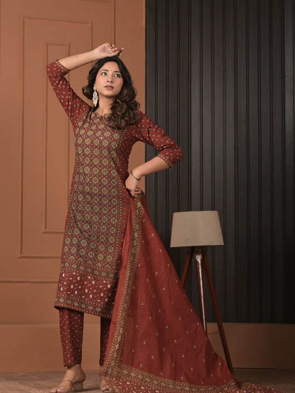 Indolady Maroon Heritage Printed Cotton Suit Set with Dupatta
