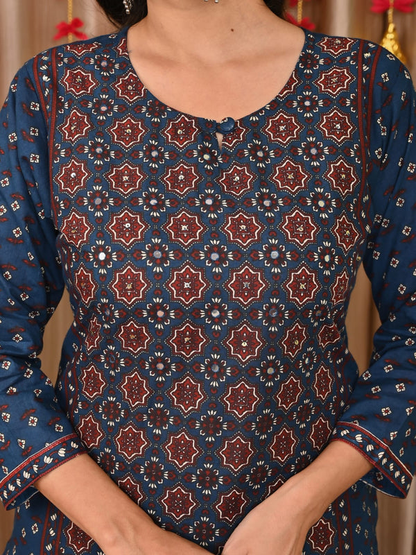 Indolady Midnight Blue Printed Cotton Suit Set with Dupatta