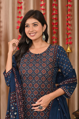 Indolady Midnight Blue Printed Cotton Suit Set with Dupatta
