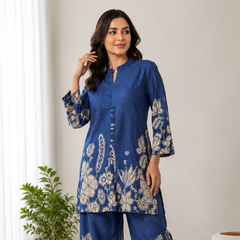 Indolady Oceanic Bloom Printed Cotton Kurti Pant Ensemble