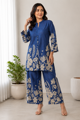 Indolady Oceanic Bloom Printed Cotton Kurti Pant Ensemble