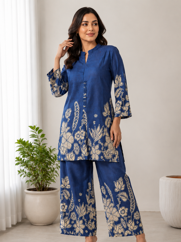 Indolady Oceanic Bloom Printed Cotton Kurti Pant Ensemble