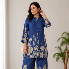 Indolady Oceanic Bloom Printed Cotton Kurti Pant Ensemble