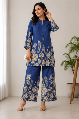 Indolady Oceanic Bloom Printed Cotton Kurti Pant Ensemble