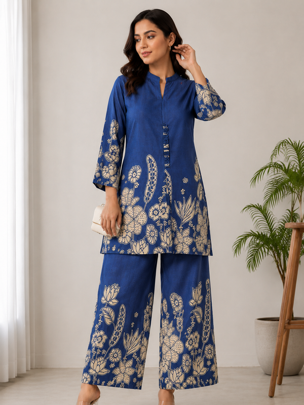 Indolady Oceanic Bloom Printed Cotton Kurti Pant Ensemble