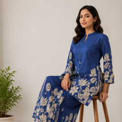Indolady Oceanic Bloom Printed Cotton Kurti Pant Ensemble