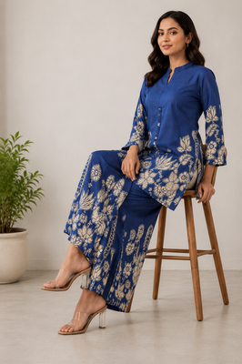 Indolady Oceanic Bloom Printed Cotton Kurti Pant Ensemble