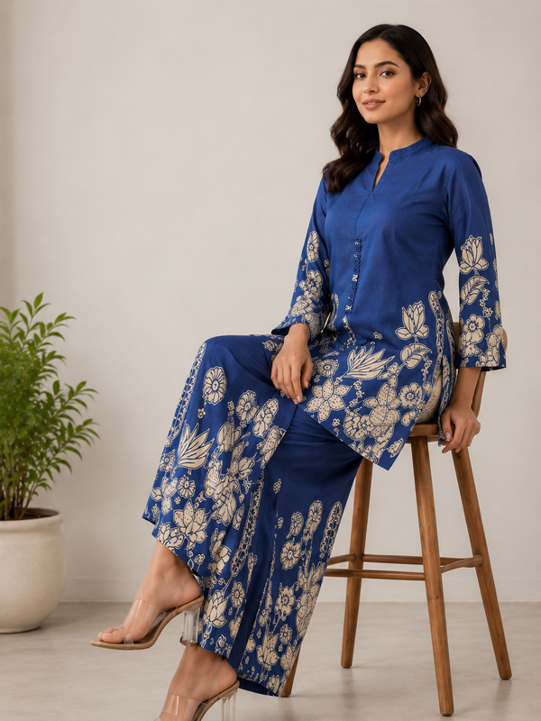 Indolady Oceanic Bloom Printed Cotton Kurti Pant Ensemble