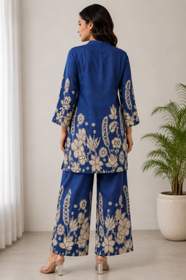Indolady Oceanic Bloom Printed Cotton Kurti Pant Ensemble