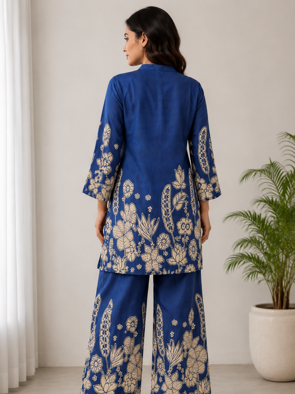 Indolady Oceanic Bloom Printed Cotton Kurti Pant Ensemble