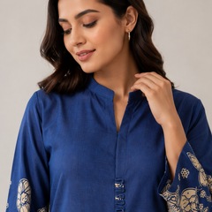Indolady Oceanic Bloom Printed Cotton Kurti Pant Ensemble