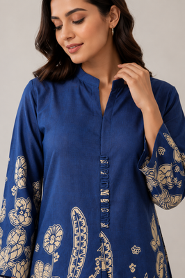 Indolady Oceanic Bloom Printed Cotton Kurti Pant Ensemble