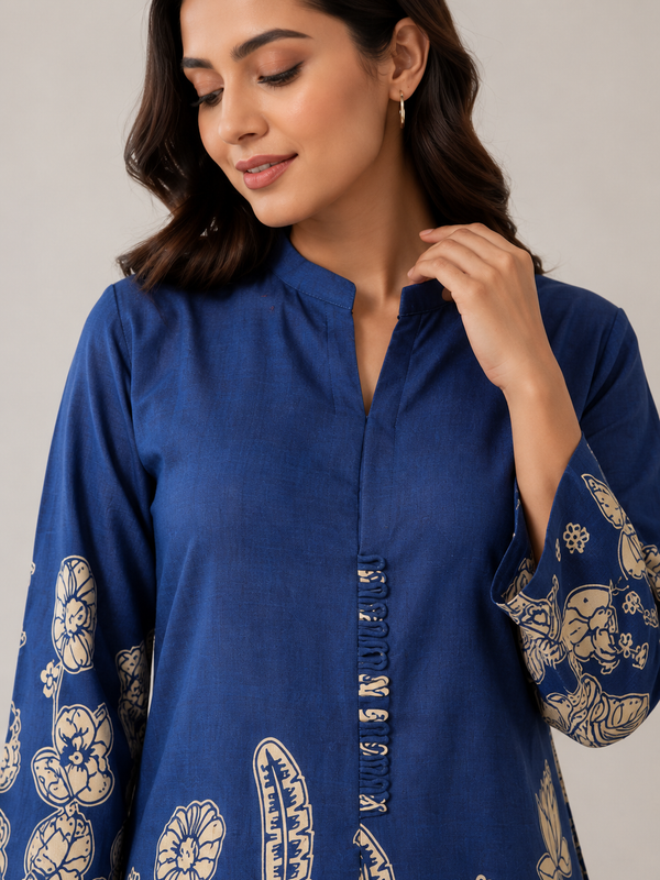 Indolady Oceanic Bloom Printed Cotton Kurti Pant Ensemble