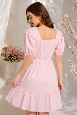 Indolady Blush Belle Pink Cotton Puff Sleeve Mini Dress