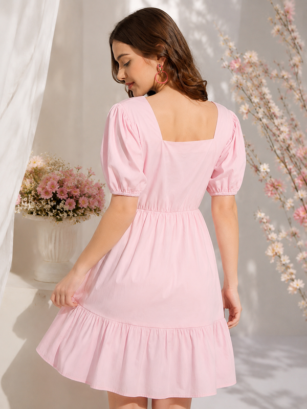 Indolady Blush Belle Pink Cotton Puff Sleeve Mini Dress