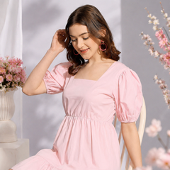 Indolady Blush Belle Pink Cotton Puff Sleeve Mini Dress