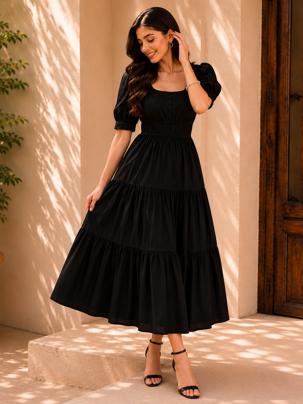 Black Aura Smocked  Dress