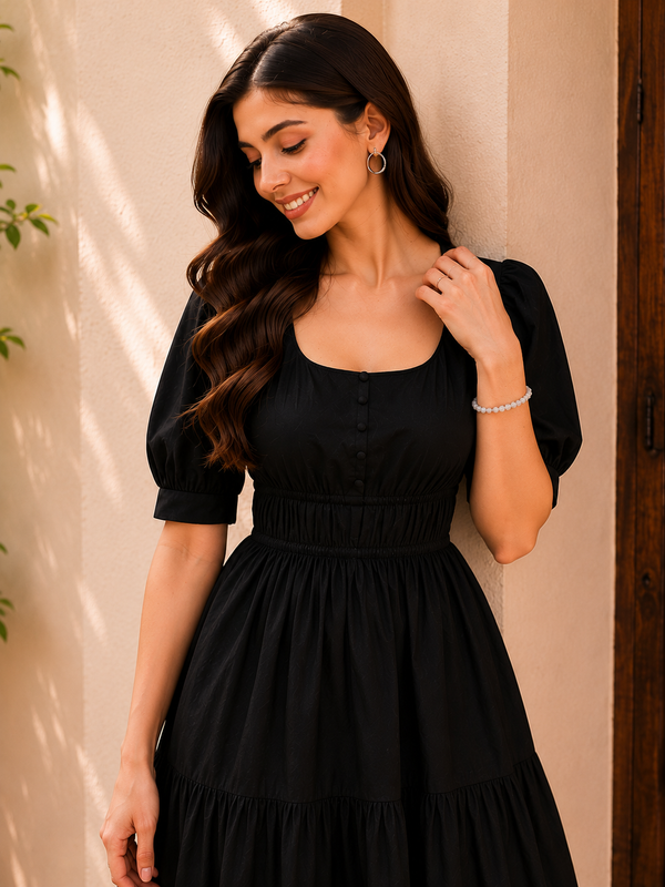 Black Aura Smocked  Dress
