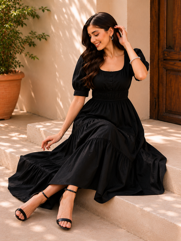 Black Aura Smocked  Dress