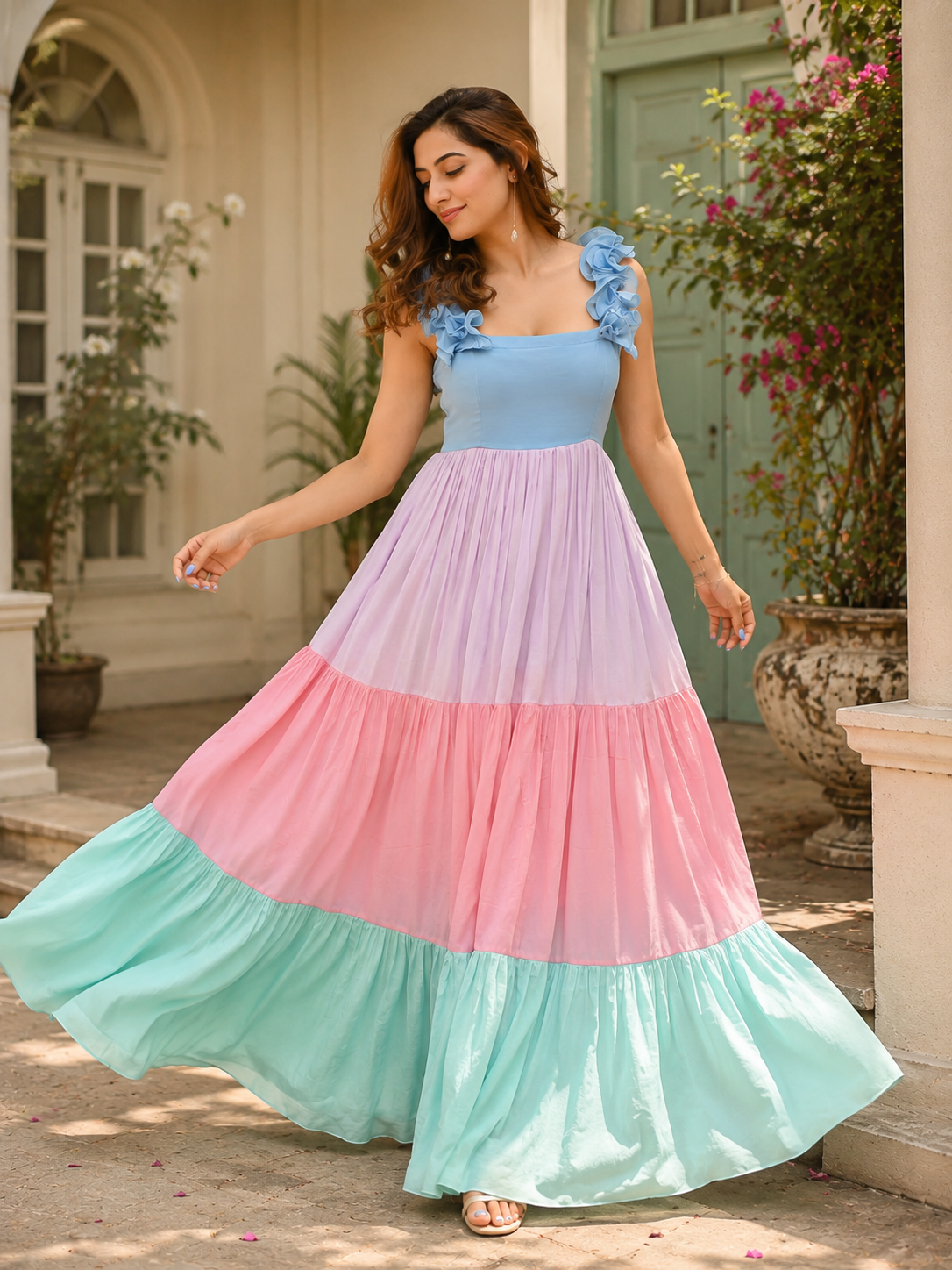 Indolady Mint & Blush Cotton flared Dress