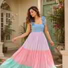 Indolady Mint & Blush Cotton flared Dress
