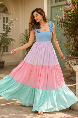 Indolady Mint & Blush Cotton flared Dress
