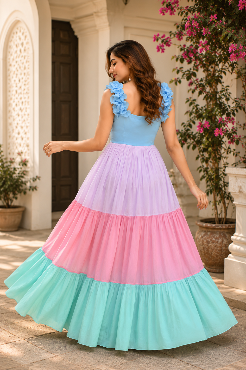 Indolady Mint & Blush Cotton flared Dress