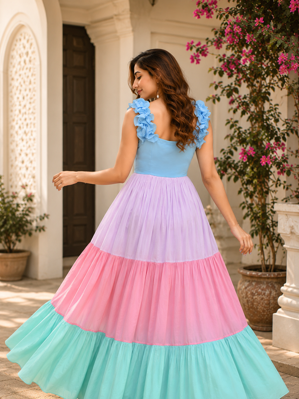 Indolady Mint & Blush Cotton flared Dress